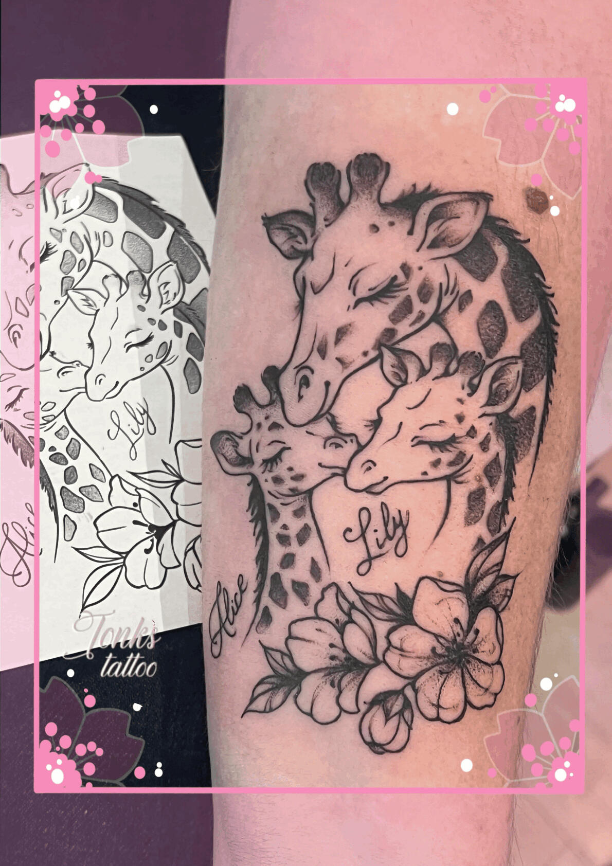 Girafe tattoo de maman fine line noir et blanc